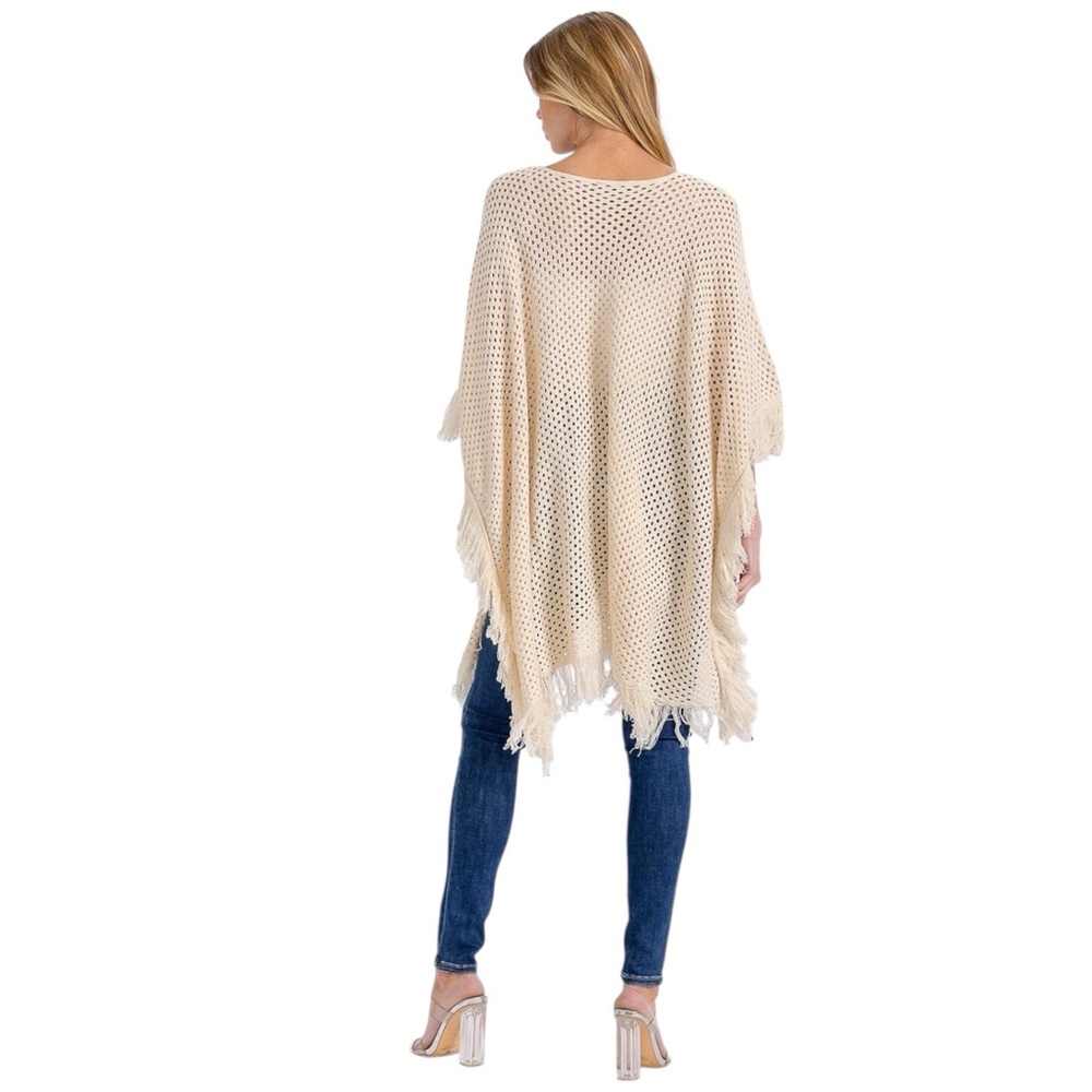Cream Open Knit Fringe Poncho Cover Up Boho Oversized One Size NWT - Picture 3 of 7